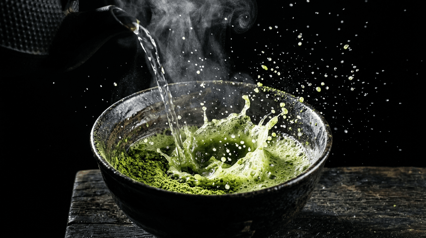 湯が茶碗の抹茶粉に注がれる瞬間の水滴