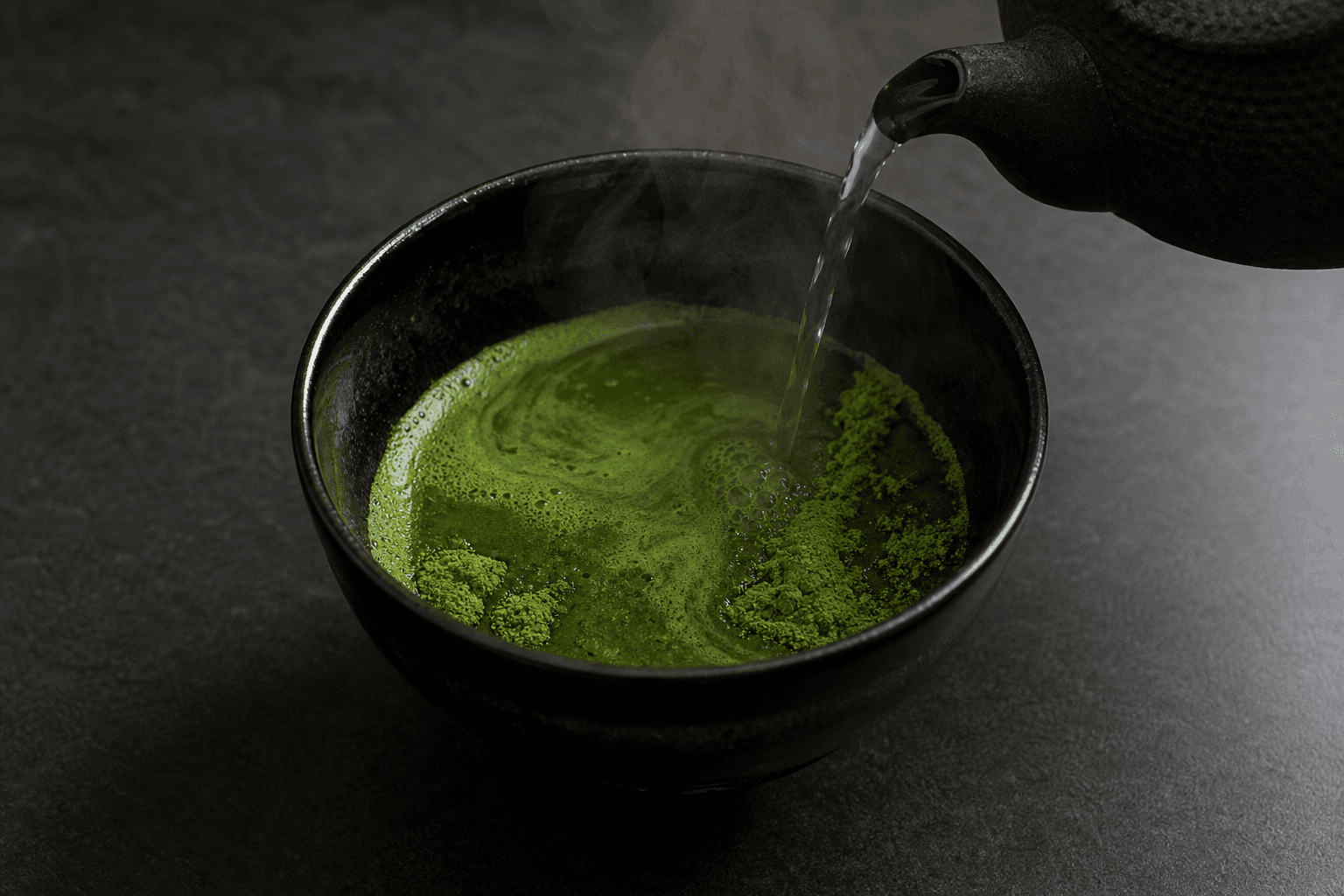 黒い天目茶碗の抹茶粉に、鉄瓶から湯を注ぐ瞬間と立ちのぼる湯気