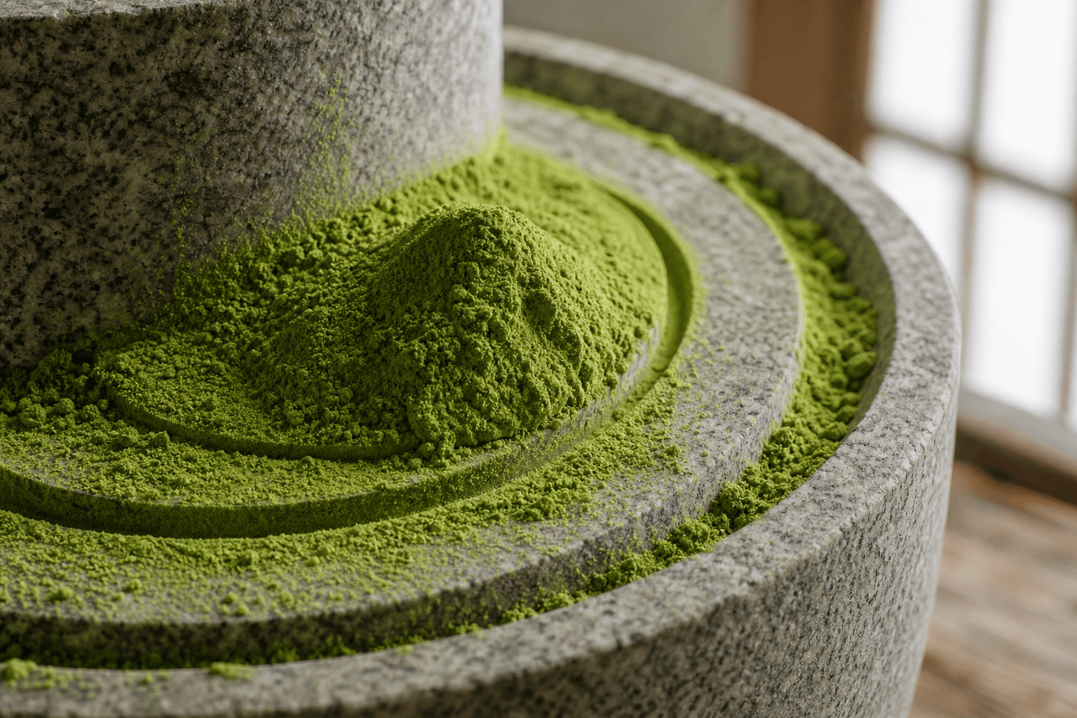 石臼の溝からあふれる、挽きたての鮮やかな抹茶の微粉