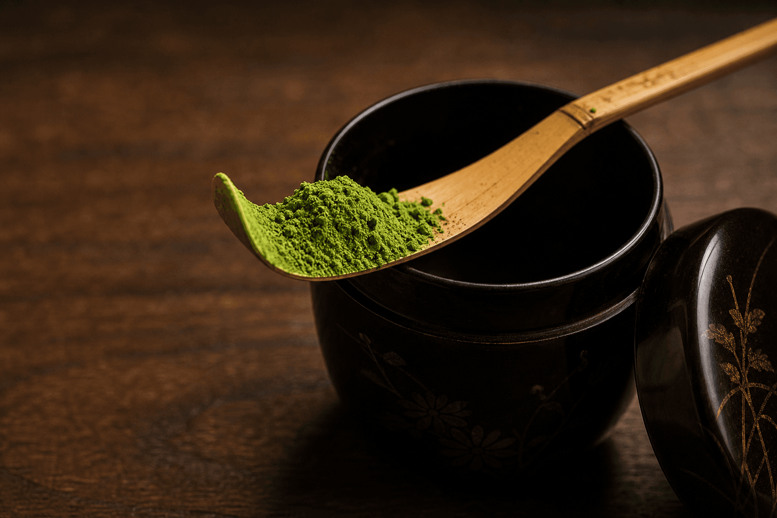 漆塗りの棗にかけた竹の茶杓に山盛りの抹茶粉