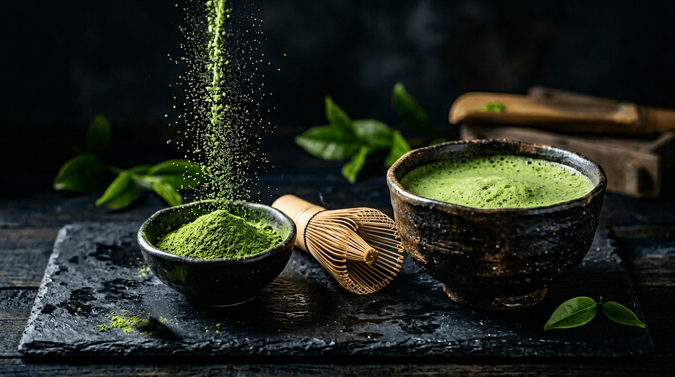 暗い石目の背景に茶筅と濃緑の抹茶粉・点てた抹茶の泡が写ったビジュアル（茶道イメージ）