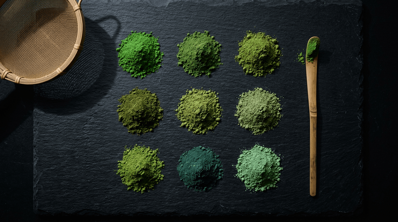 複数の抹茶粉の色味を並べた俯瞰のイメージ