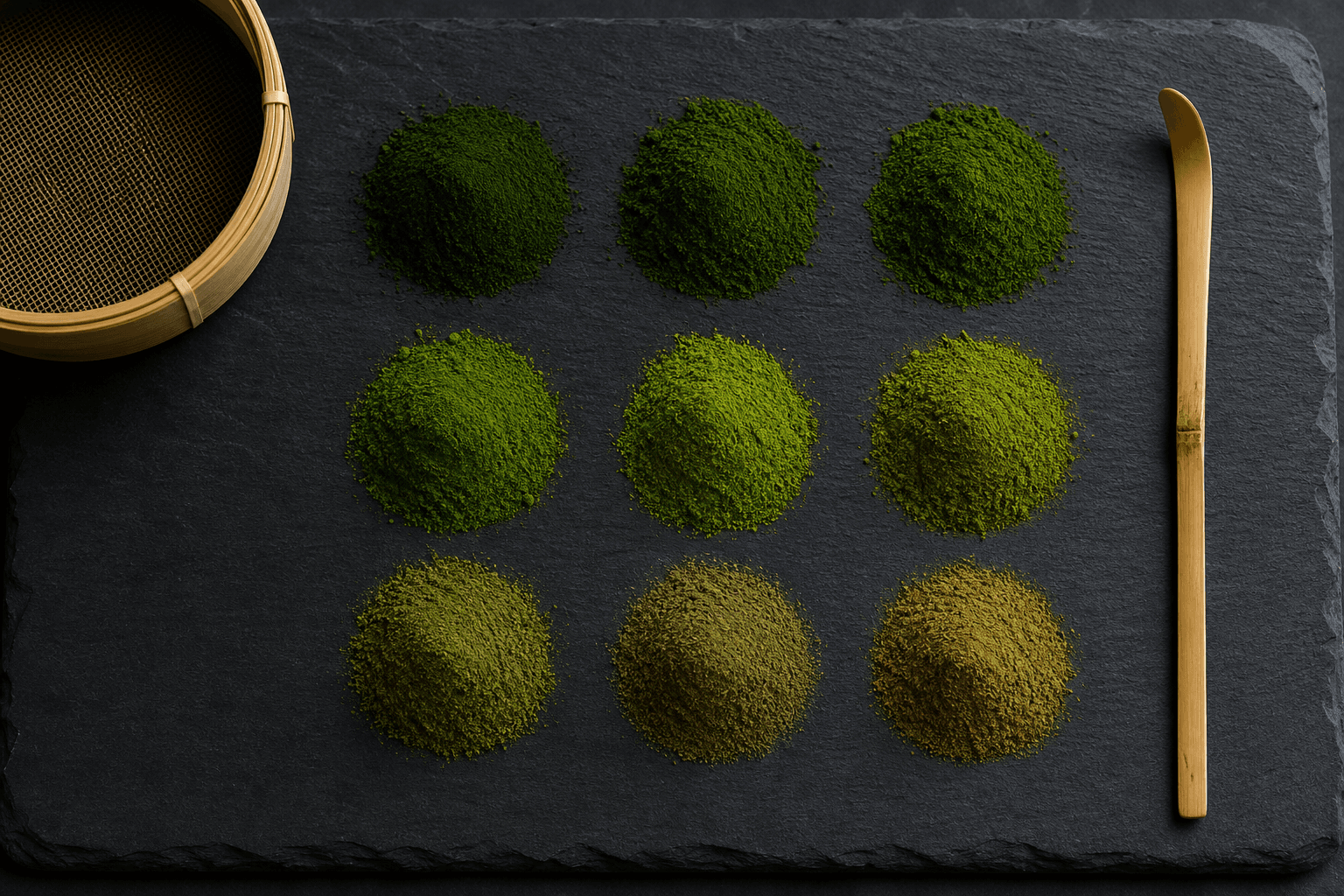 複数の抹茶粉の色味を並べた俯瞰のイメージ